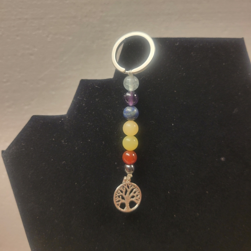 Handcrafted Silver and Chakra Bead Key Chain with Tree of Life Charm